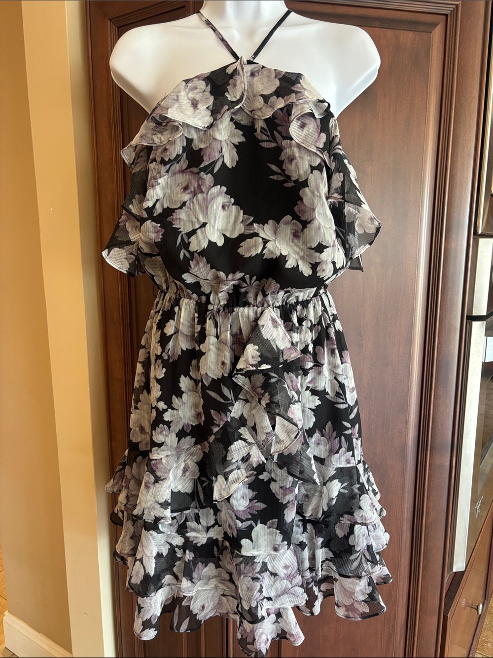 bebe Black Floral Cold Shoulder Mini Dress with White & Lilac Blooms